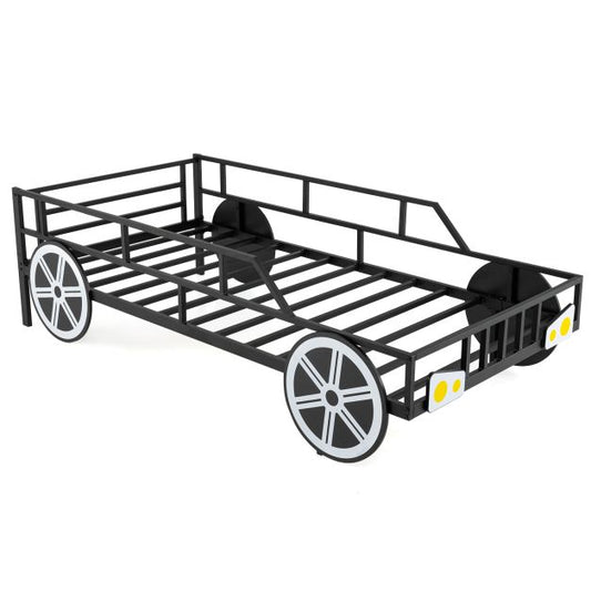 Kids Single Size Metal Car-Shaped Platform Bed Frame with Wheels