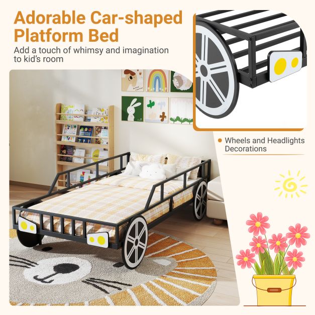 Kids Single Size Metal Car-Shaped Platform Bed Frame with Wheels