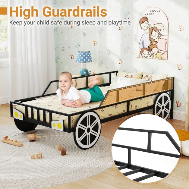 Kids Single Size Metal Car-Shaped Platform Bed Frame with Wheels