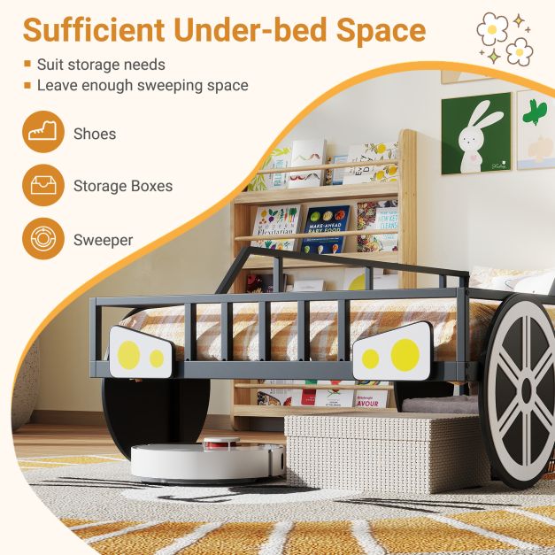 Kids Single Size Metal Car-Shaped Platform Bed Frame with Wheels