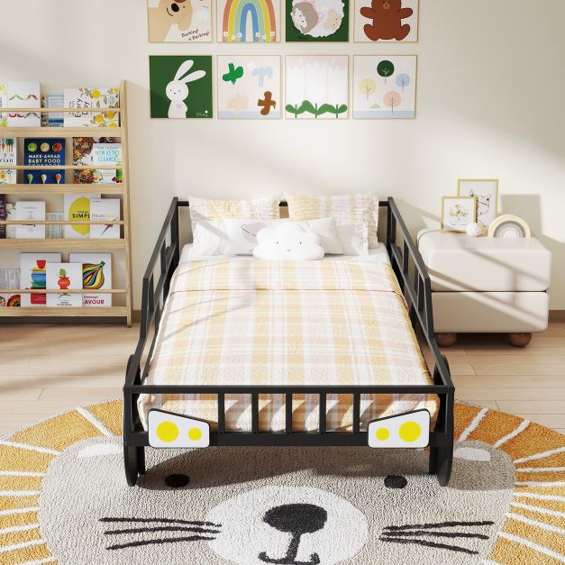 Kids Single Size Metal Car-Shaped Platform Bed Frame with Wheels