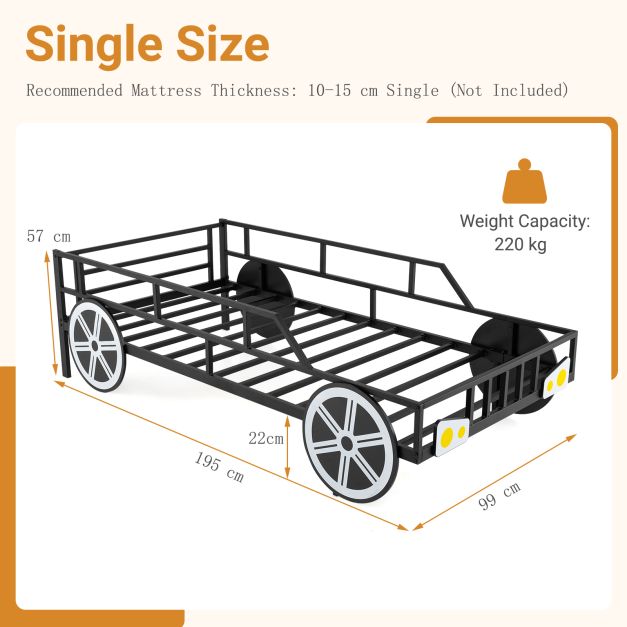 Kids Single Size Metal Car-Shaped Platform Bed Frame with Wheels