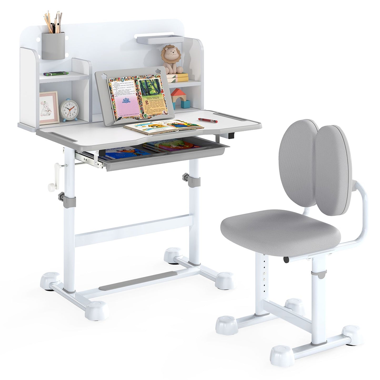 Kid's Study Desk and Chair Set with Tilt Desktop and Footrest Bar