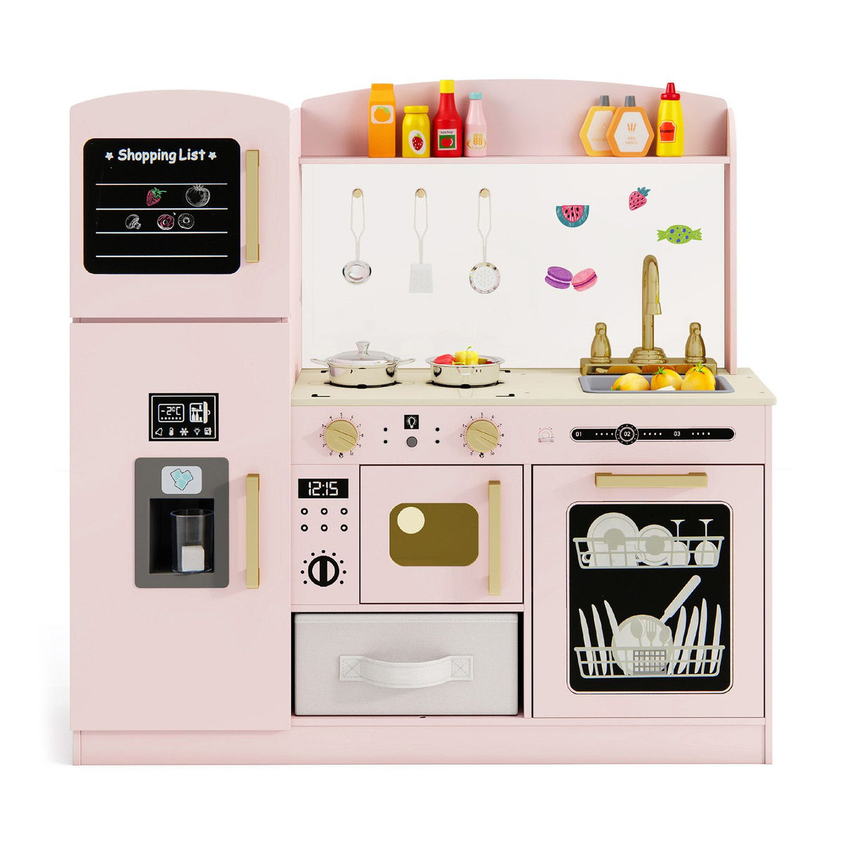 Kids Wooden Kitchen Playset Pretend Play with Chalkboard and Ice Maker