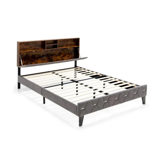 King Bed Frame with Storage Headboard and Slat Support