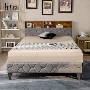 King Bed Frame with Storage Headboard and Slat Support