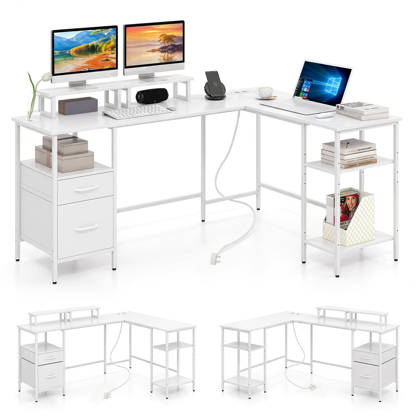 L-shaped Desk with Power Outlets Monitor Stand 2 Drawers and Adjustable Shelf