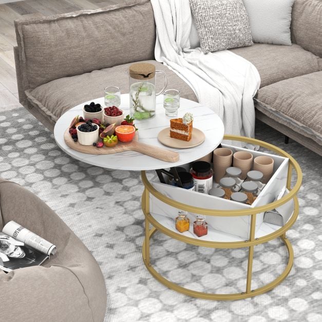 80cm Lift Top Coffee Table with Hidden Compartment and Side Shelves
