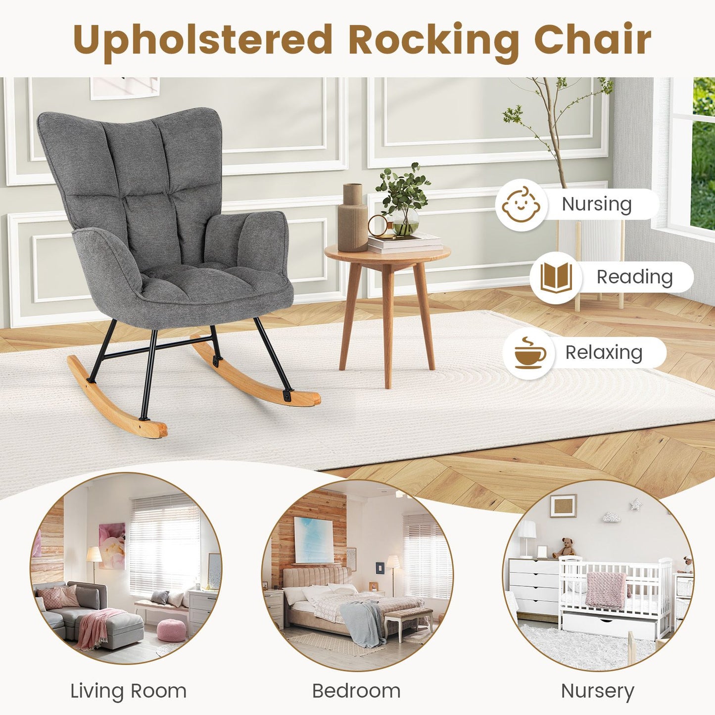 Linen Nursery Rocking Chair Modern Rocking Accent Chair with High Backrest