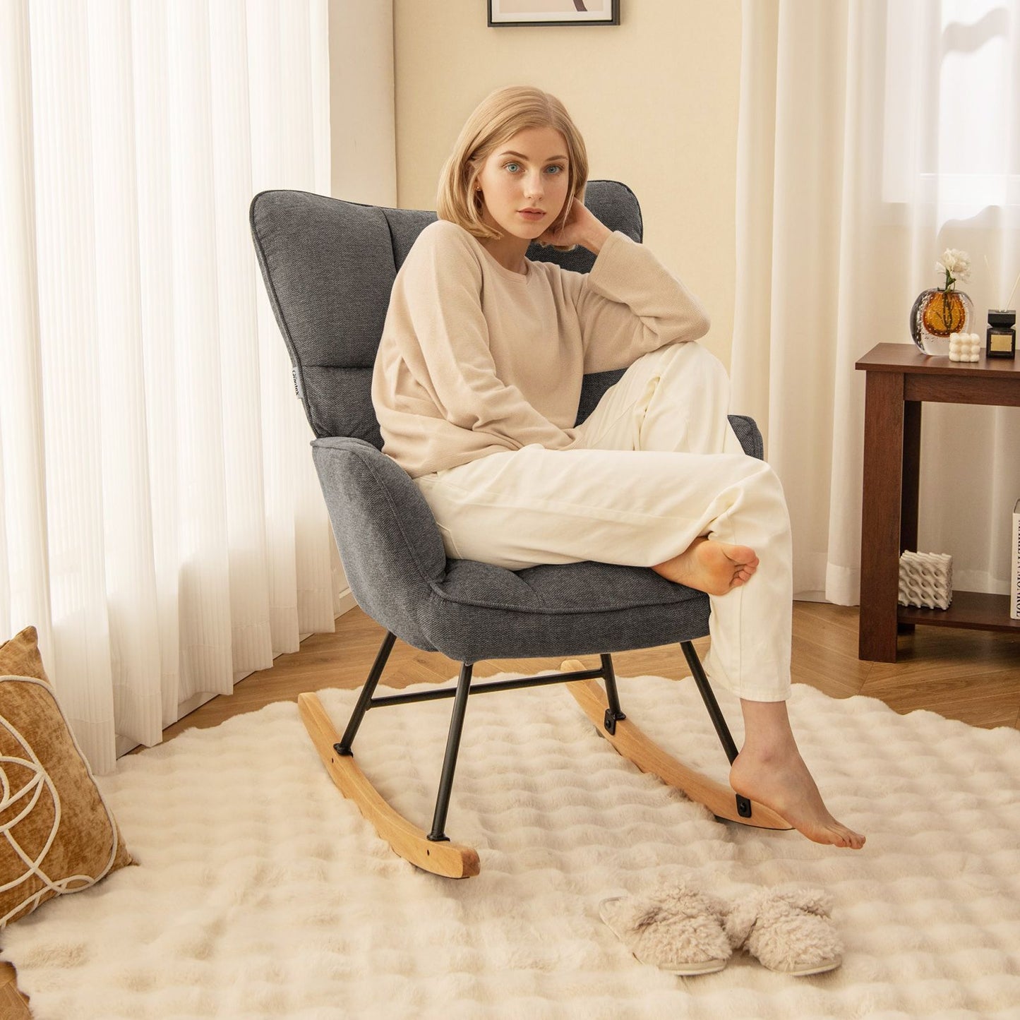 Linen Nursery Rocking Chair Modern Rocking Accent Chair with High Backrest