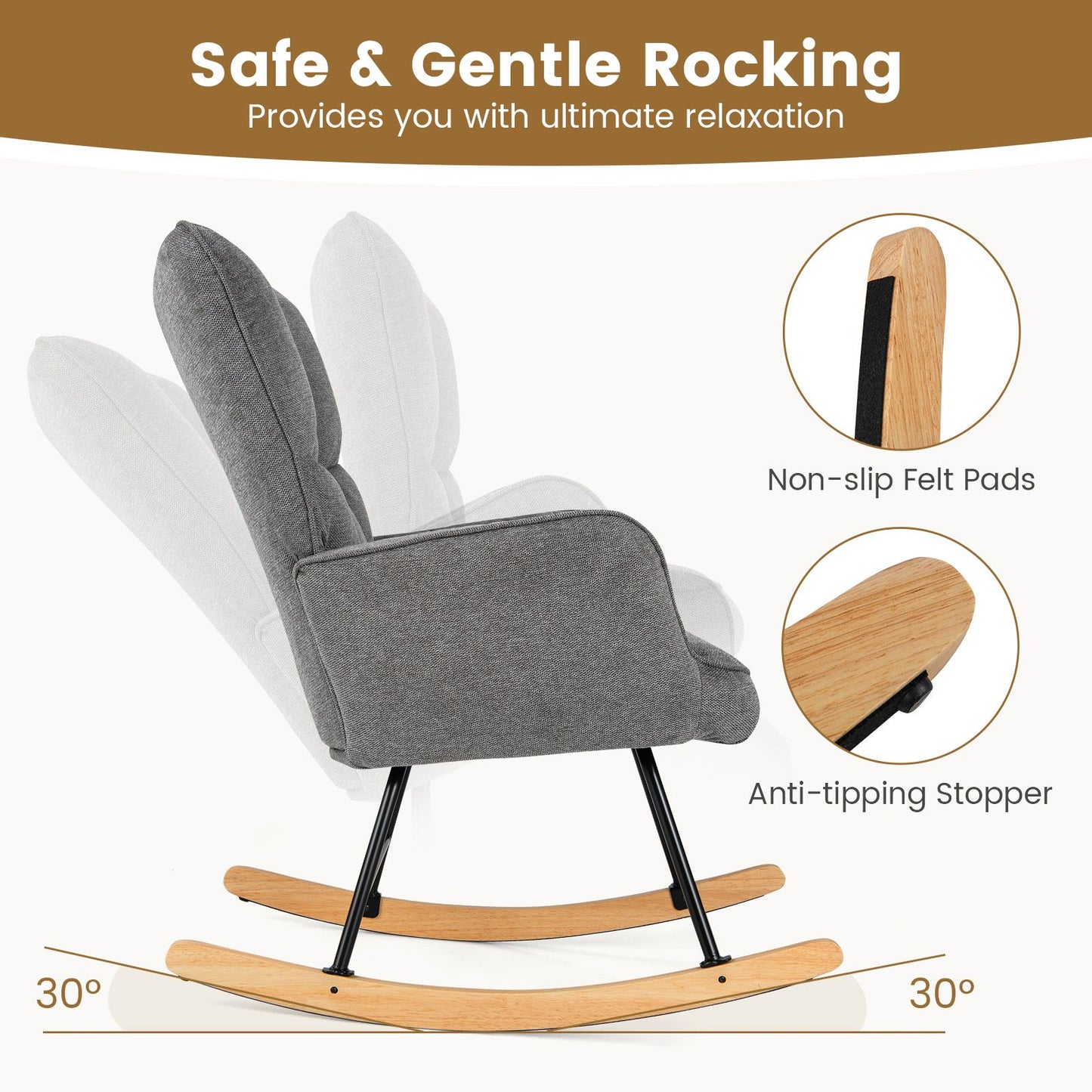 Linen Nursery Rocking Chair Modern Rocking Accent Chair with High Backrest