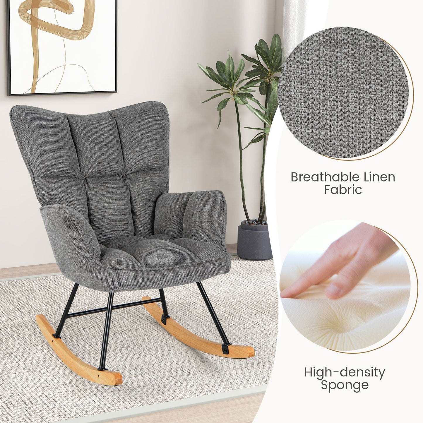 Linen Nursery Rocking Chair Modern Rocking Accent Chair with High Backrest
