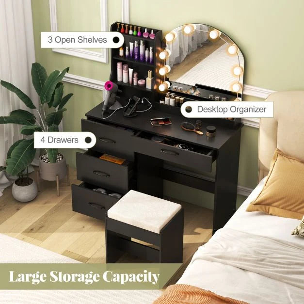 Makeup Vanity Desk with Mirror and Lights Dressing Table and Stool Set