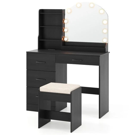 Makeup Vanity Desk with Mirror and Lights Dressing Table and Stool Set