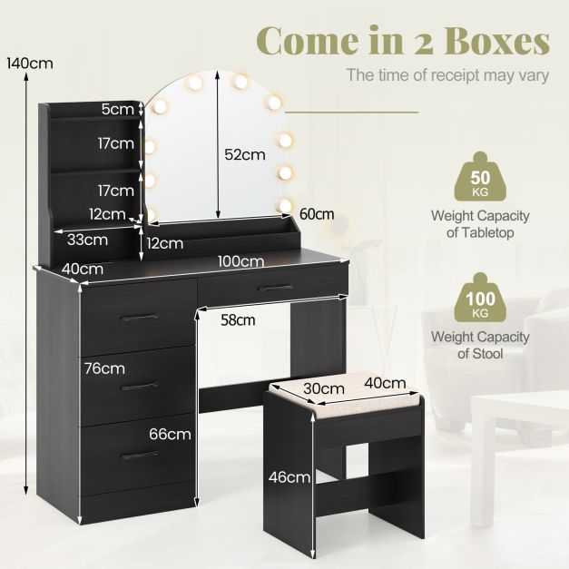 Makeup Vanity Desk with Mirror and Lights Dressing Table and Stool Set