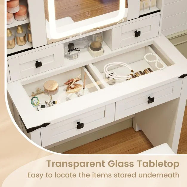 Makeup Vanity Desk and Stool Set with Mirror and Lights