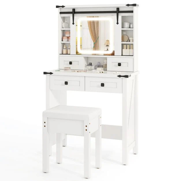 Makeup Vanity Desk and Stool Set with Mirror and Lights