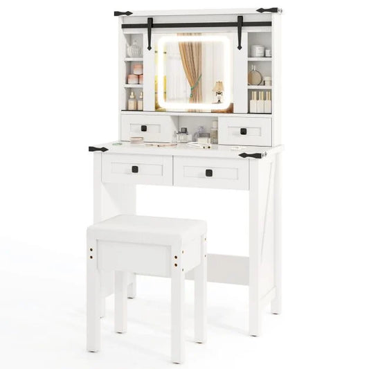 Makeup Vanity Desk and Stool Set with Mirror and Lights