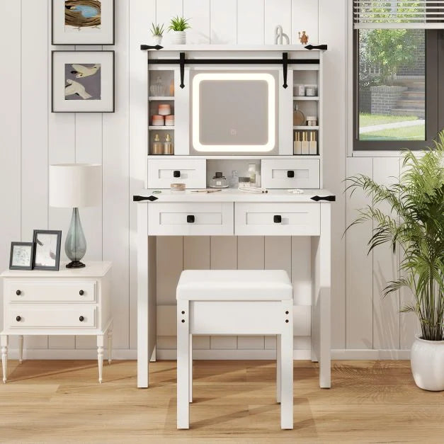 Makeup Vanity Desk and Stool Set with Mirror and Lights