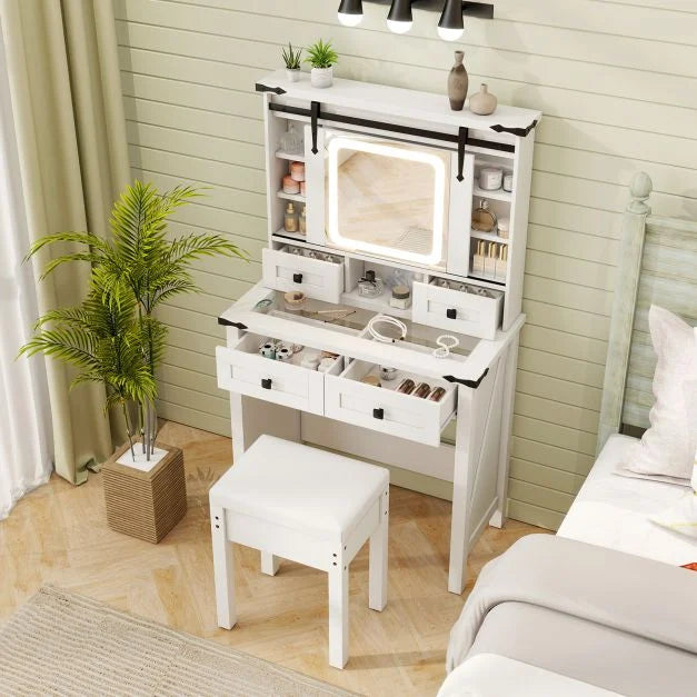 Makeup Vanity Desk and Stool Set with Mirror and Lights