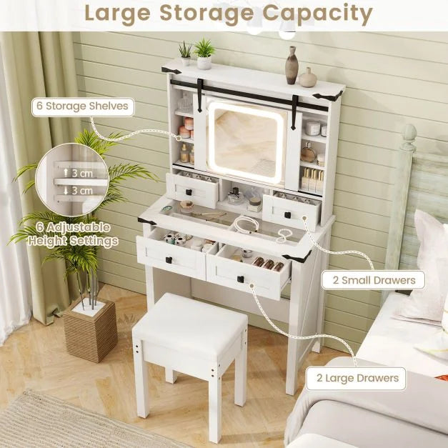 Makeup Vanity Desk and Stool Set with Mirror and Lights