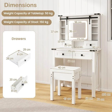 Makeup Vanity Desk and Stool Set with Mirror and Lights