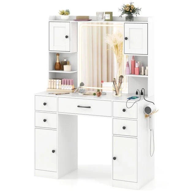 Makeup Vanity Desk with Lighted Mirror and Charging Station