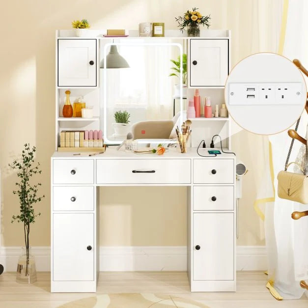 Makeup Vanity Desk with Lighted Mirror and Charging Station