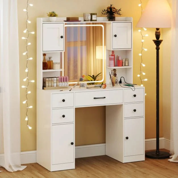 Makeup Vanity Desk with Lighted Mirror and Charging Station