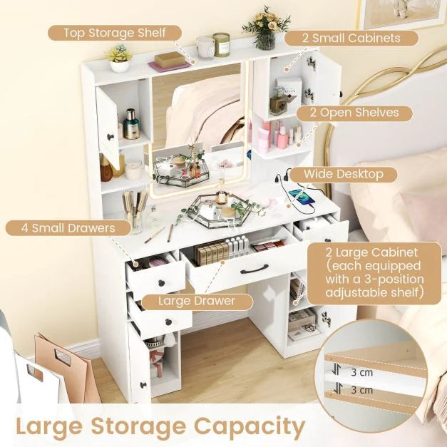 Makeup Vanity Desk with Lighted Mirror and Charging Station