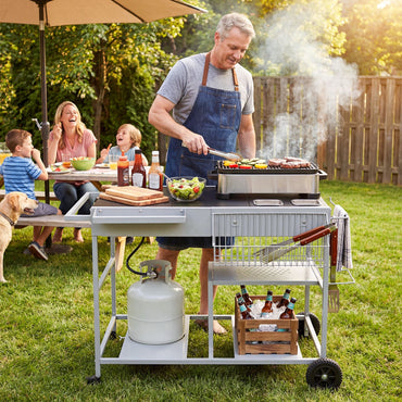 Metal Rolling Food Prep Cart with Mesh Side Panel and Topping Station for Backyard