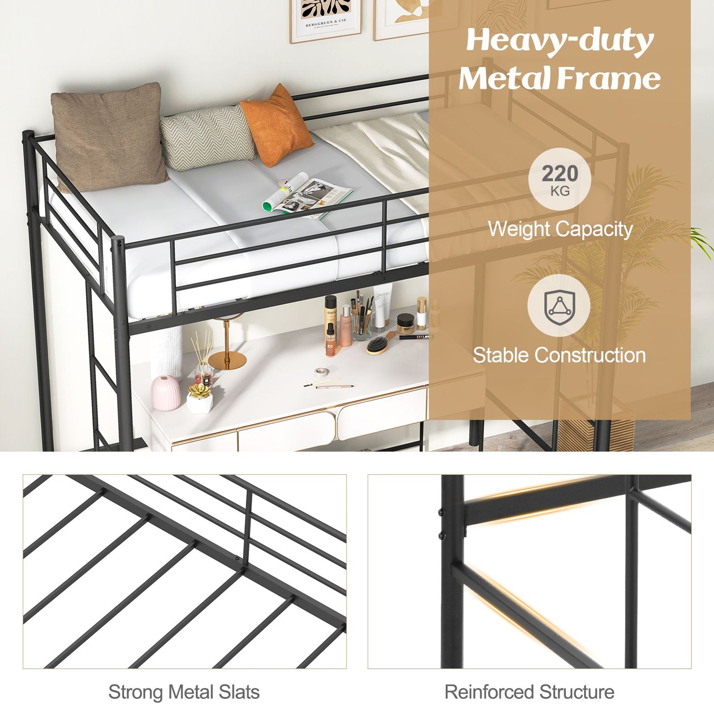 Metal Space-saving Loft Bed Frame with Full-length Safety Guardrail