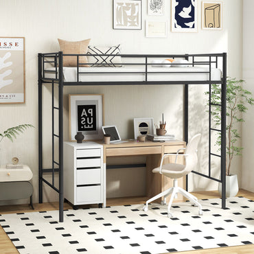 Metal Space-saving Loft Bed Frame with Full-length Safety Guardrail