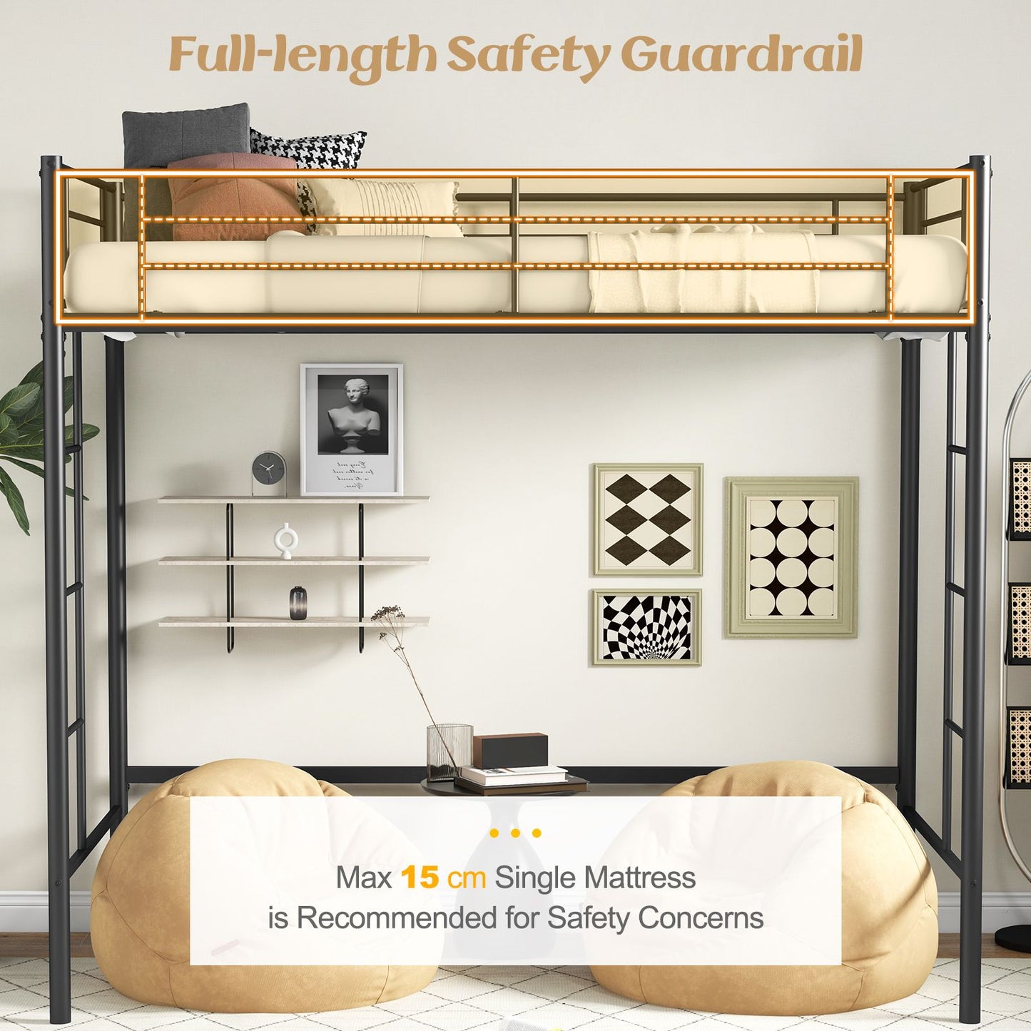 Metal Space-saving Loft Bed Frame with Full-length Safety Guardrail