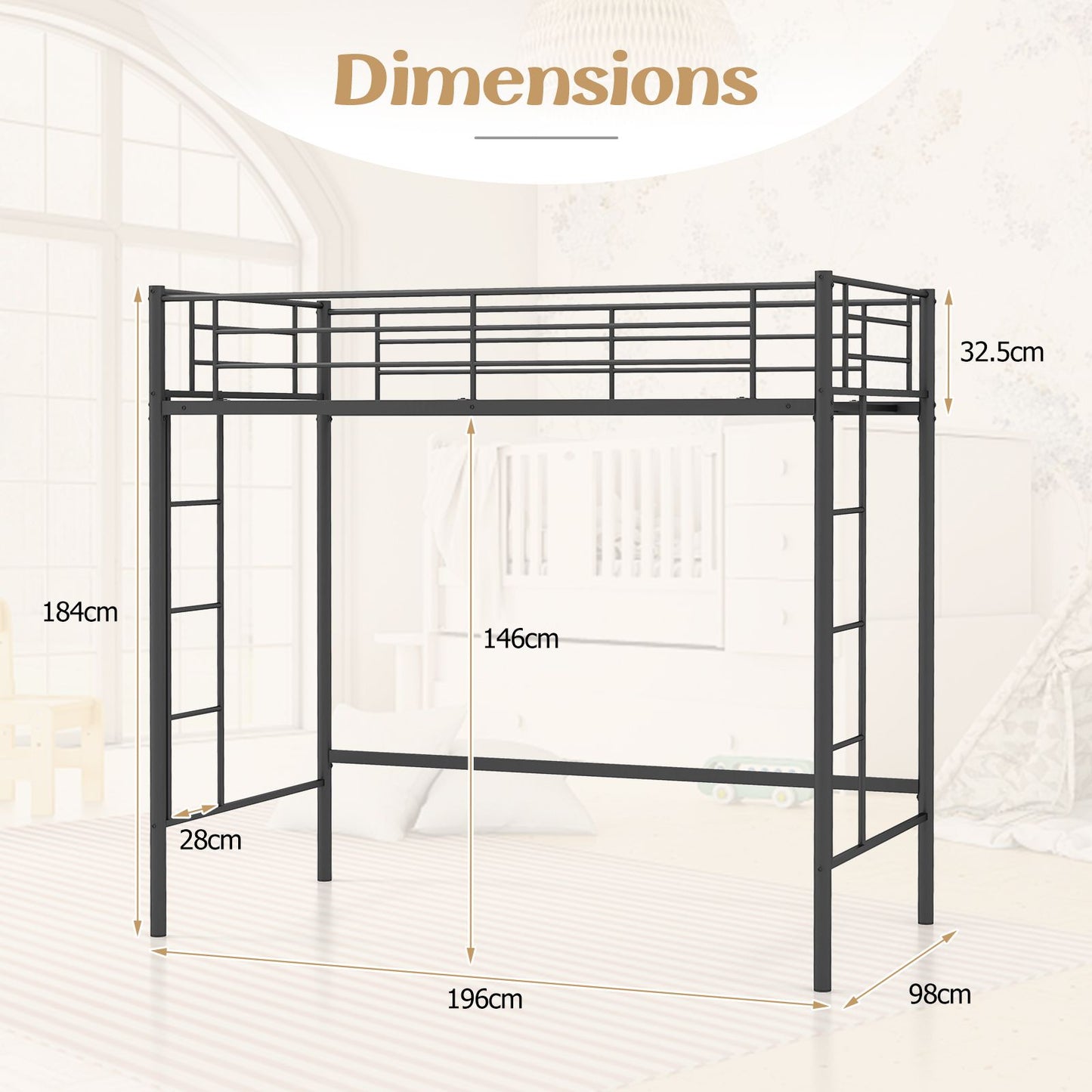 Metal Space-saving Loft Bed Frame with Full-length Safety Guardrail