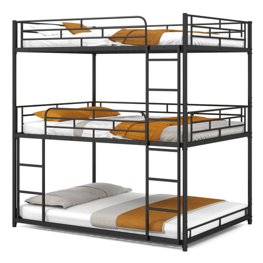 Metal Triple Bunk Bed with Safety Guardrails and 2 Ladders