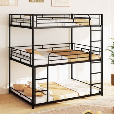 Metal Triple Bunk Bed with Safety Guardrails and 2 Ladders