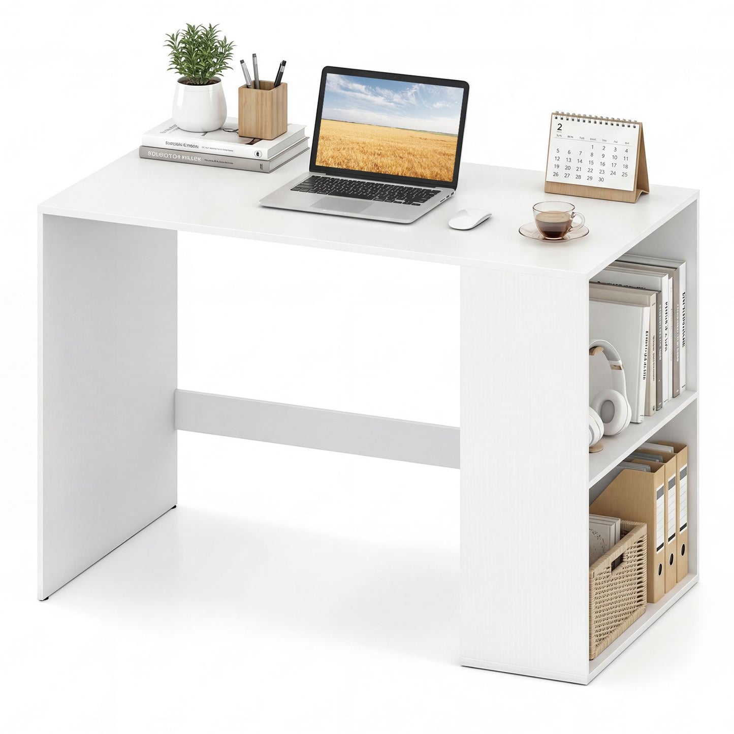 Modern Wooden Office Desk with Storage and 2 Open Shelves