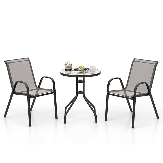 3 Pieces Outdoor Bistro Set with 2 Stackable Chairs and Round Side Table