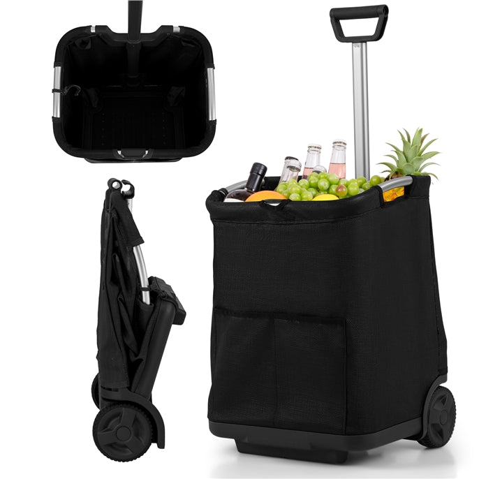 50L Folding Shopping Trolley on Wheels with 3 Pockets & Retractable Handle