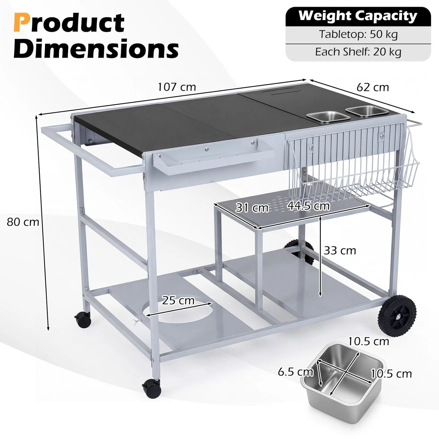 Metal Rolling Food Prep Cart with Mesh Side Panel and Topping Station for Backyard