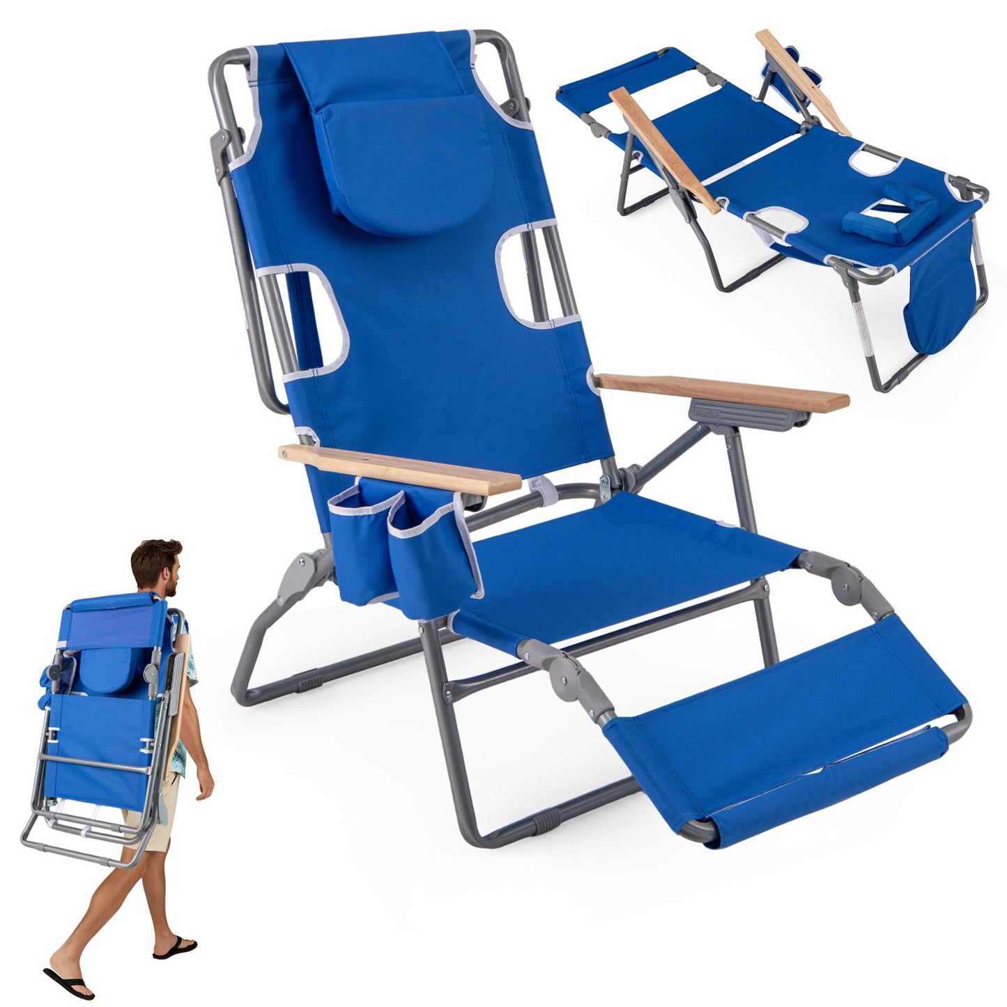 3-IN-1 Foldable Beach Chair Lay-Flat Tanning Chair with Face Hole