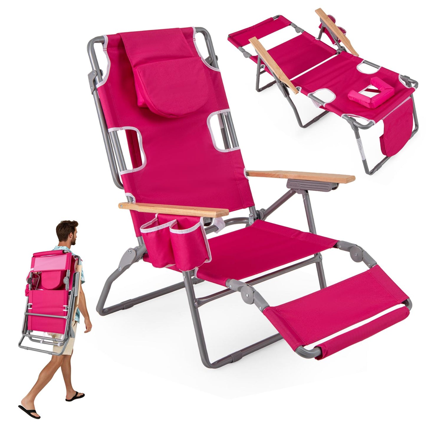 3-IN-1 Foldable Beach Chair Lay-Flat Tanning Chair with Face Hole