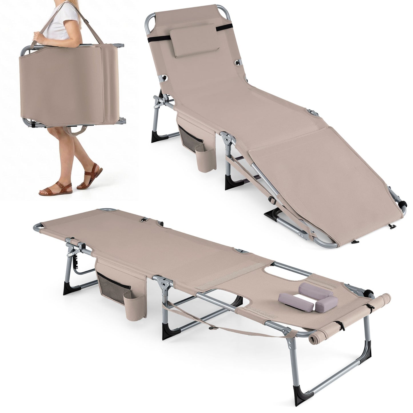 Folding Sun Lounger, 5-Position Adjustable Garden Sunbed with Face Hole