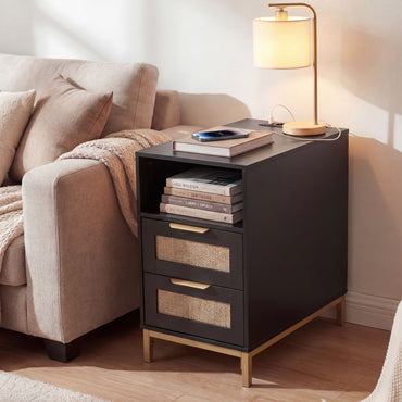 Narrow End Table with Charging Station and 2 Drawers for Bedroom
