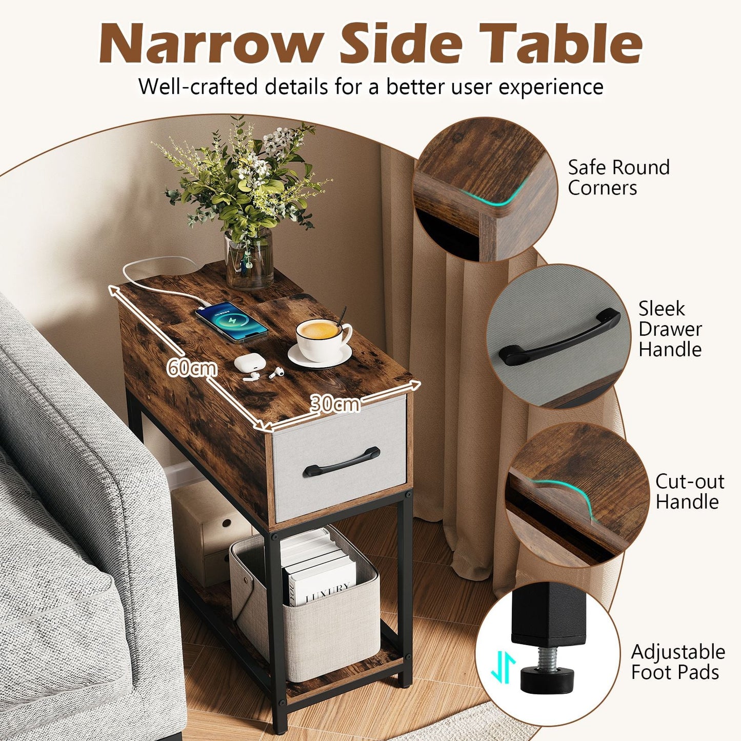 Narrow Side Table with Charging Station and LED Lights for Small Spaces