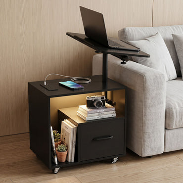 Nightstand with Charging Station and Rotatable Tabletop on Wheels for Bedroom
