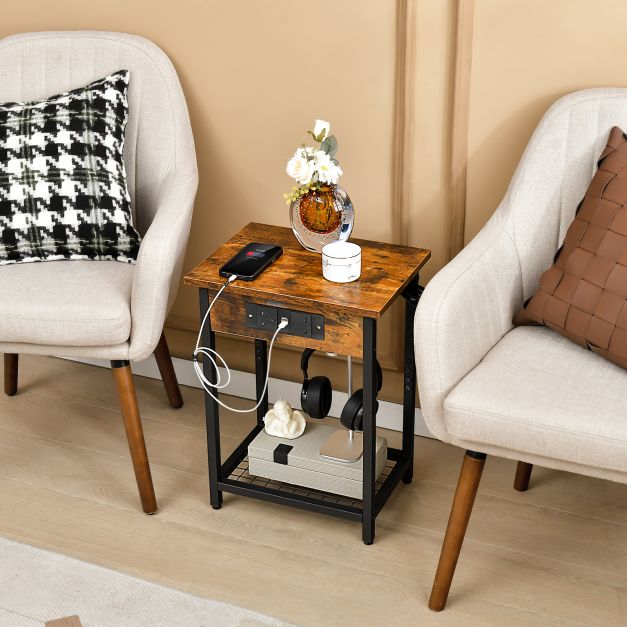 Nightstand Set of 2 with Charging Station and Open Shelf