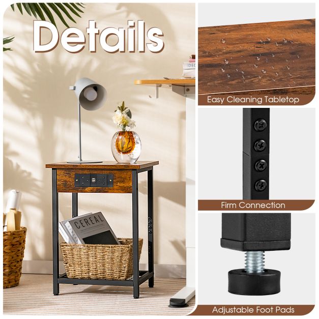 Nightstand Set of 2 with Charging Station and Open Shelf