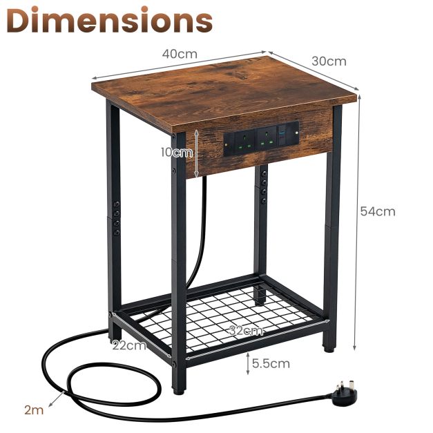 Nightstand Set of 2 with Charging Station and Open Shelf
